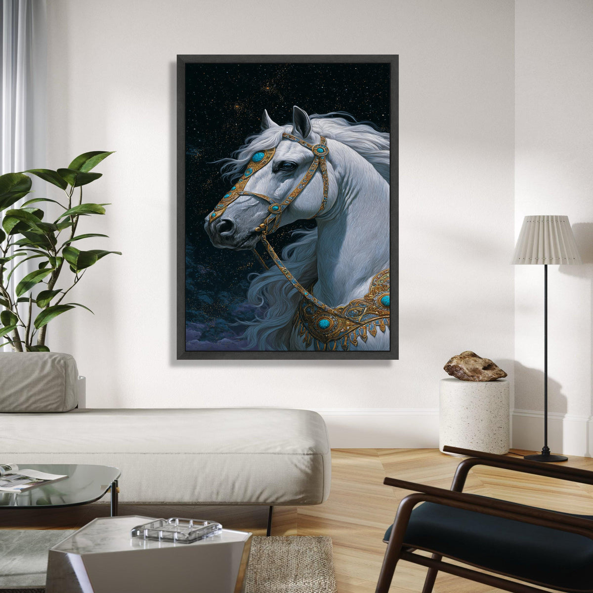 Majestic White Horse Canvas Wall Art, Fantasy Animal Portrait, Ornate Gold and Turquoise Bridle, Mystical Night Gift Art, Home Decor, Print