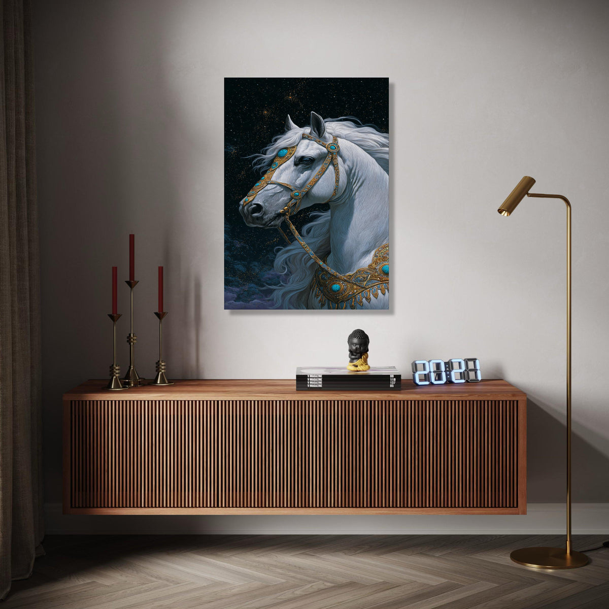 Majestic White Horse Canvas Wall Art, Fantasy Animal Portrait, Ornate Gold and Turquoise Bridle, Mystical Night Gift Art, Home Decor, Print