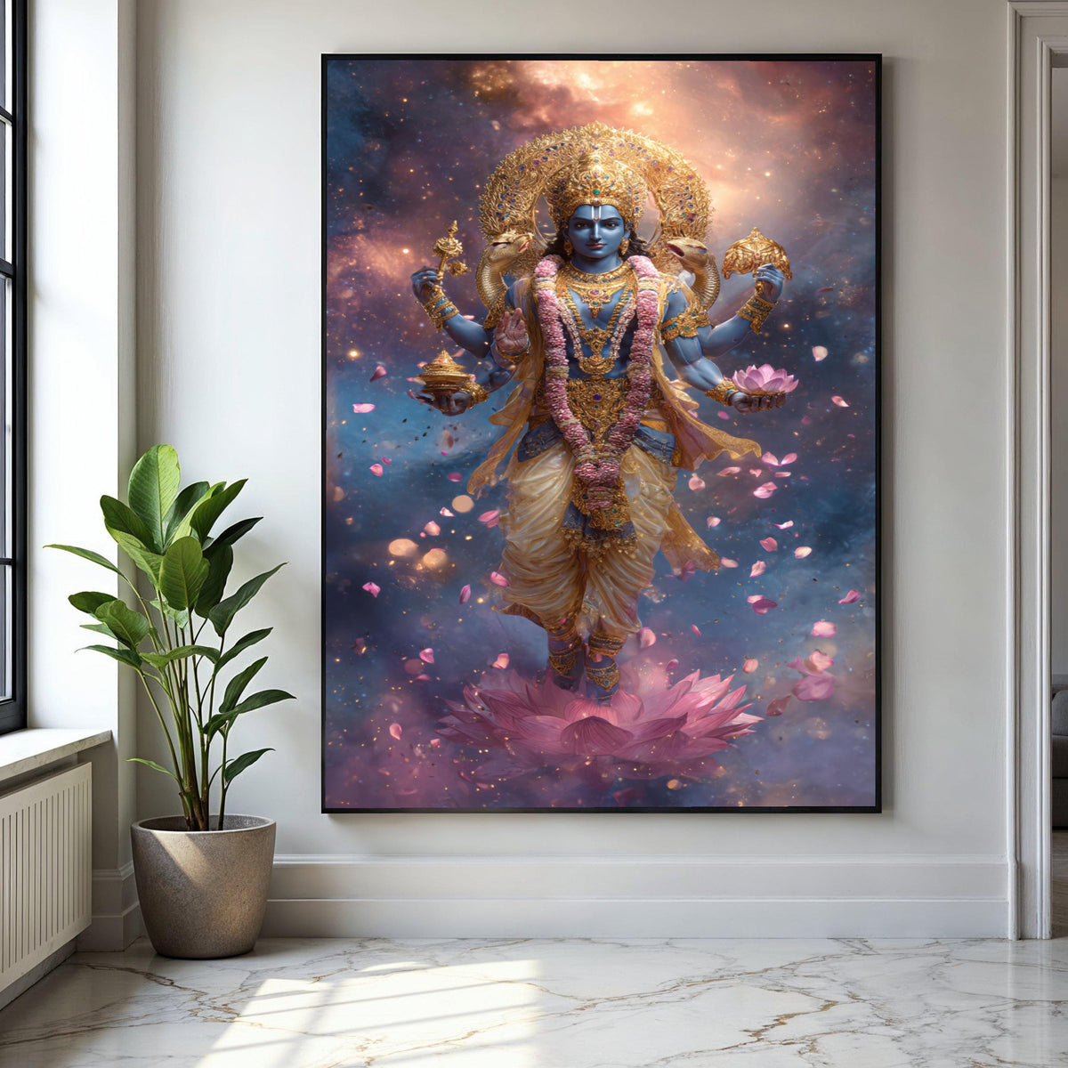 Divine Vishnu God Canvas Wall Art, Hindu Deity Painting, Spiritual Lotus Flower Art, Indian Mythology Decor, Gift Art, Home Decor, Print