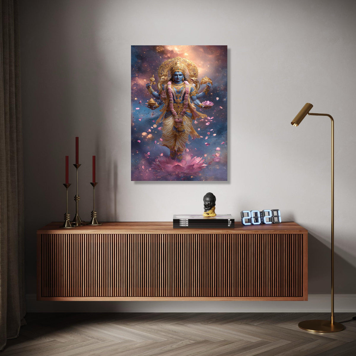 Divine Vishnu God Canvas Wall Art, Hindu Deity Painting, Spiritual Lotus Flower Art, Indian Mythology Decor, Gift Art, Home Decor, Print