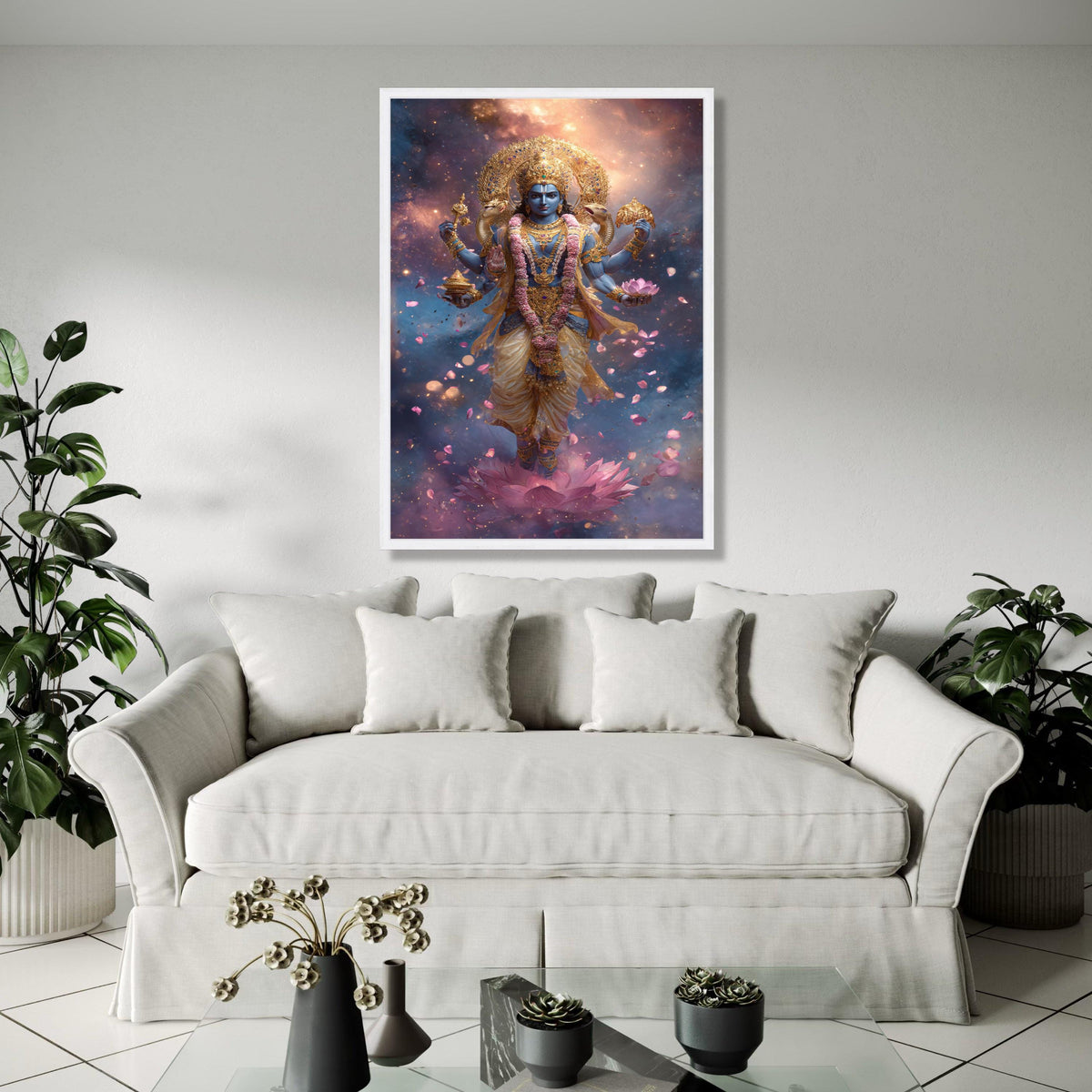 Divine Vishnu God Canvas Wall Art, Hindu Deity Painting, Spiritual Lotus Flower Art, Indian Mythology Decor, Gift Art, Home Decor, Print