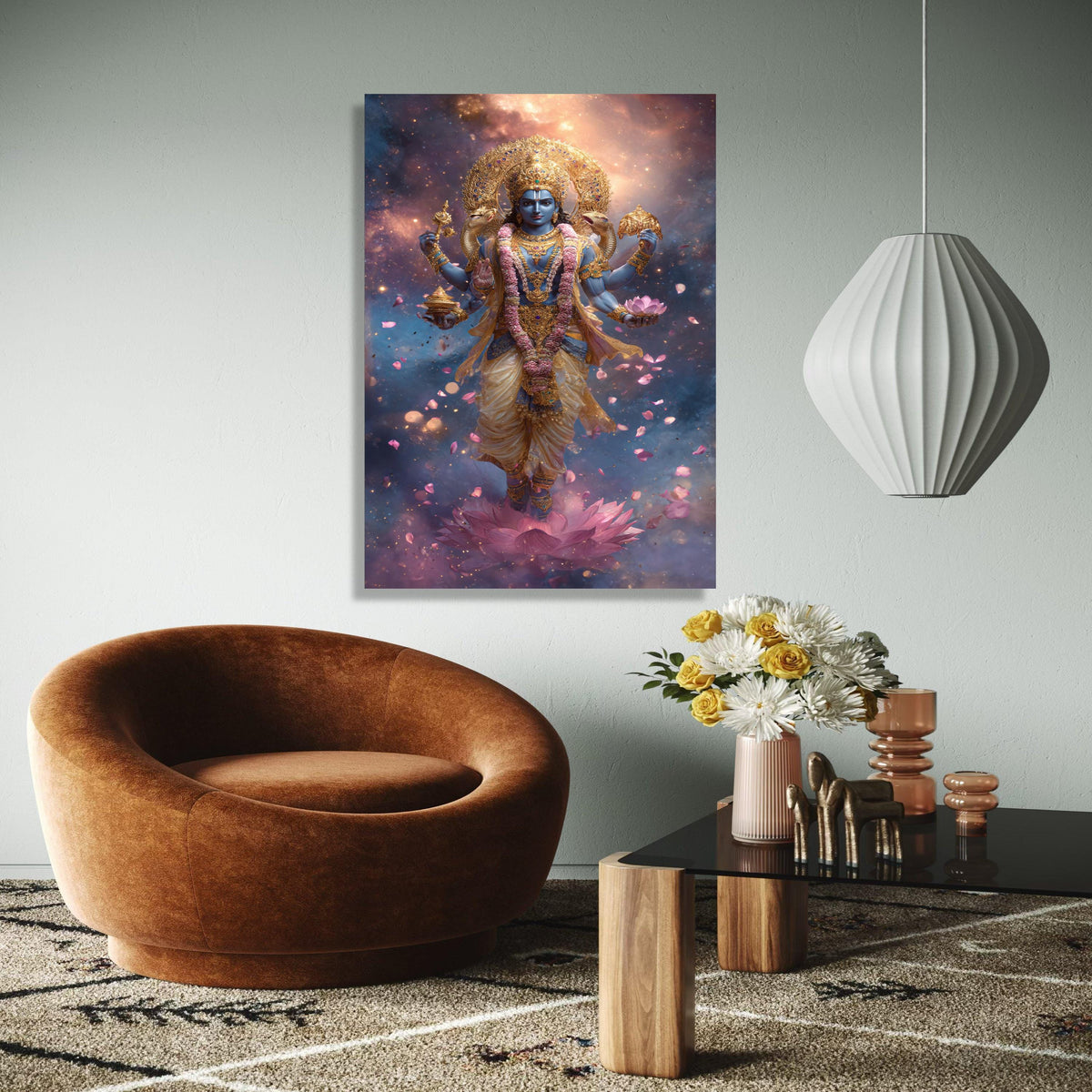 Divine Vishnu God Canvas Wall Art, Hindu Deity Painting, Spiritual Lotus Flower Art, Indian Mythology Decor, Gift Art, Home Decor, Print