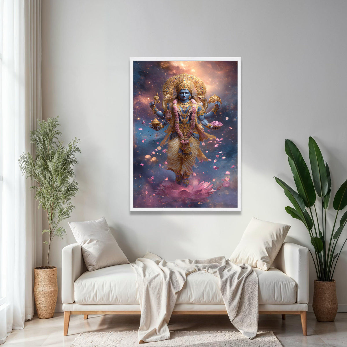 Divine Vishnu God Canvas Wall Art, Hindu Deity Painting, Spiritual Lotus Flower Art, Indian Mythology Decor, Gift Art, Home Decor, Print