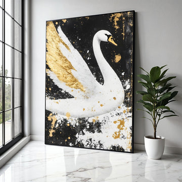 Elegant White Swan Canvas Wall Art, Gold Accents Painting, Modern Animal Decor, Black and White Canvas, Luxury Gift Art, Home Decor, Print