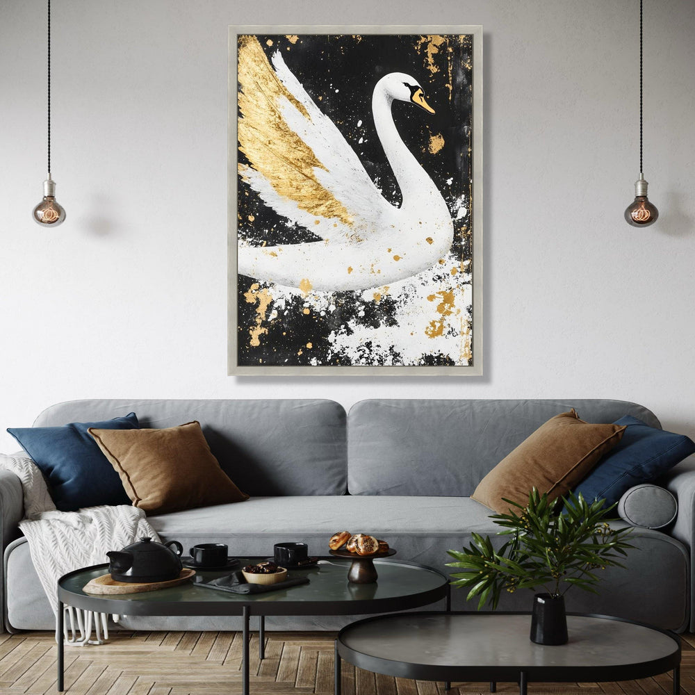 Elegant White Swan Canvas Wall Art, Gold Accents Painting, Modern Animal Decor, Black and White Canvas, Luxury Gift Art, Home Decor, Print