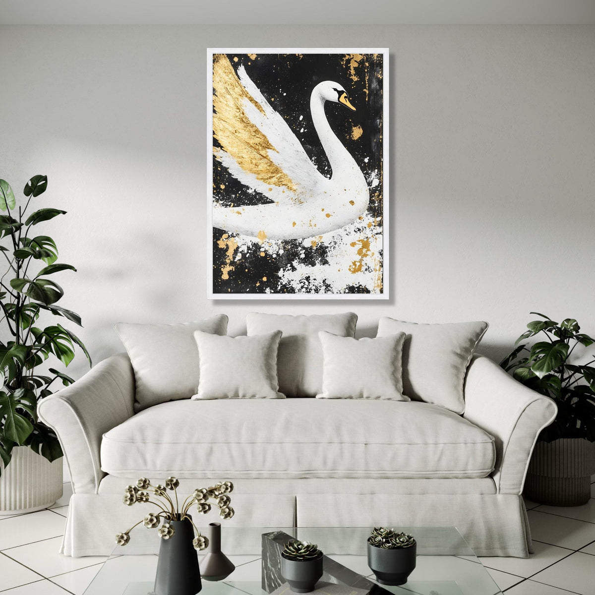 Elegant White Swan Canvas Wall Art, Gold Accents Painting, Modern Animal Decor, Black and White Canvas, Luxury Gift Art, Home Decor, Print