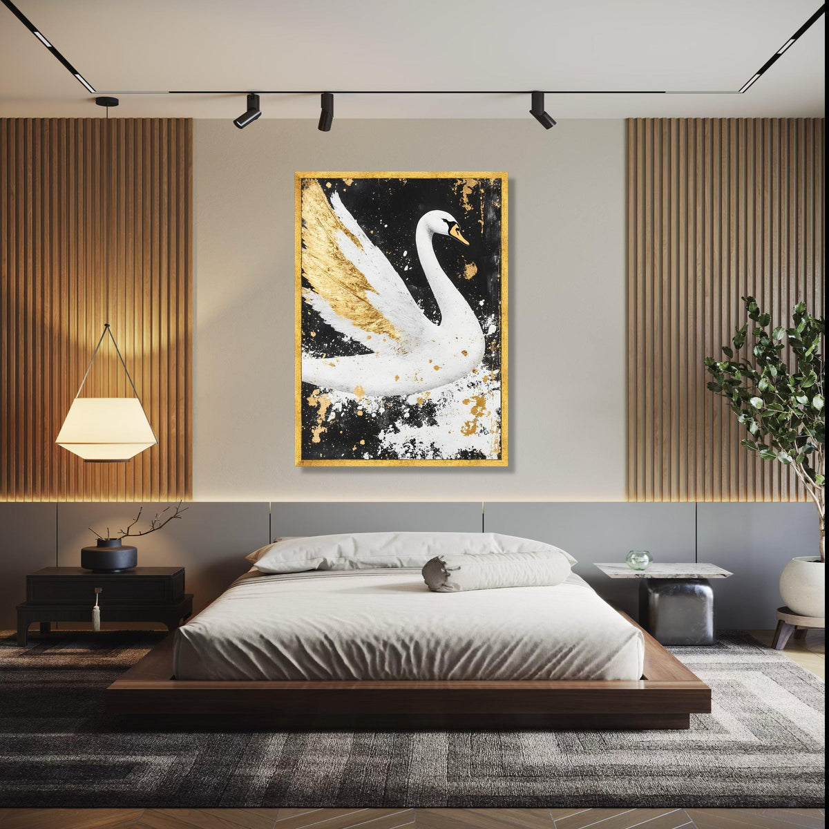 Elegant White Swan Canvas Wall Art, Gold Accents Painting, Modern Animal Decor, Black and White Canvas, Luxury Gift Art, Home Decor, Print