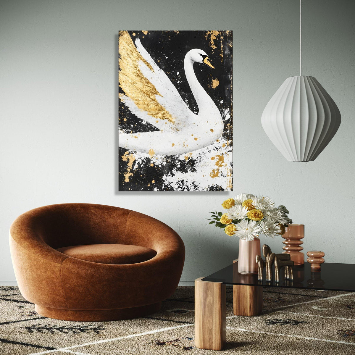 Elegant White Swan Canvas Wall Art, Gold Accents Painting, Modern Animal Decor, Black and White Canvas, Luxury Gift Art, Home Decor, Print