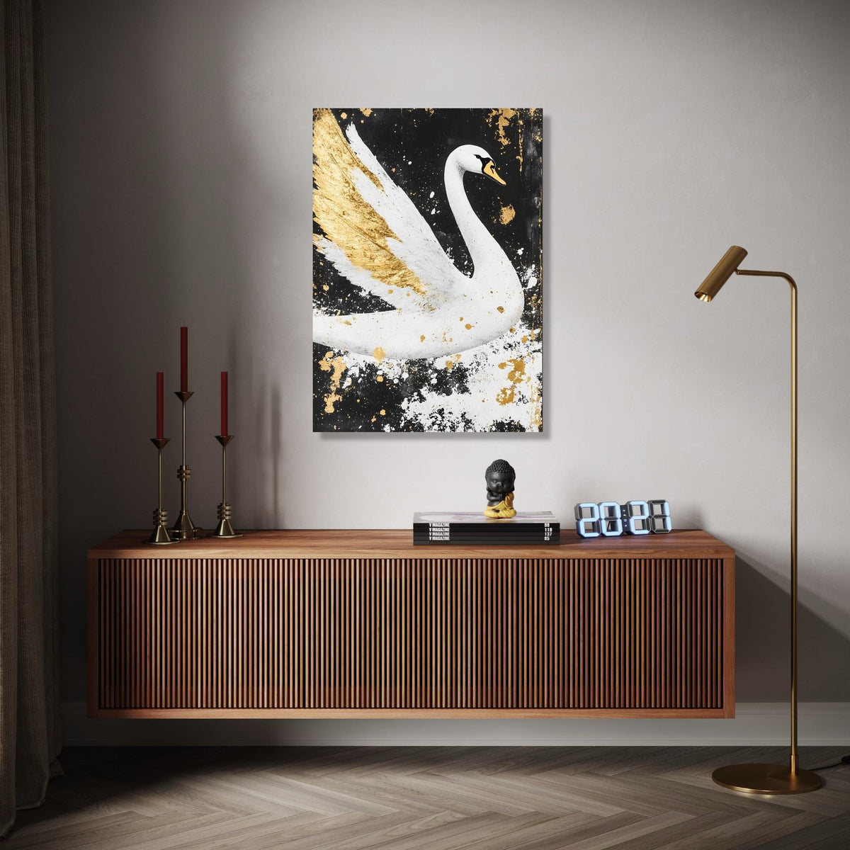 Elegant White Swan Canvas Wall Art, Gold Accents Painting, Modern Animal Decor, Black and White Canvas, Luxury Gift Art, Home Decor, Print