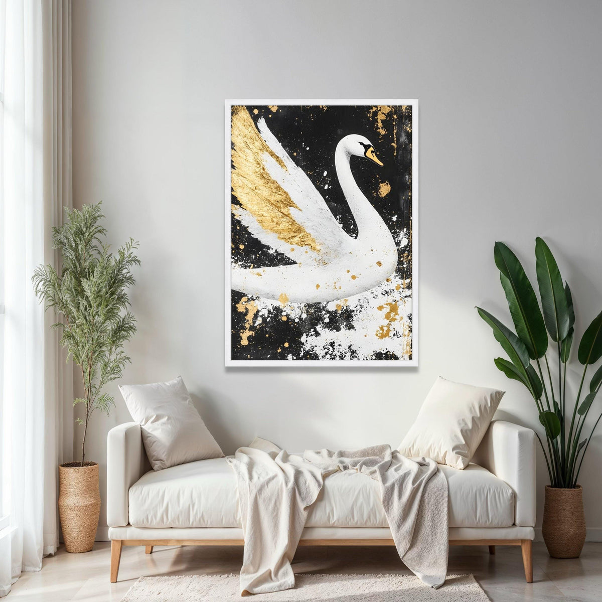 Elegant White Swan Canvas Wall Art, Gold Accents Painting, Modern Animal Decor, Black and White Canvas, Luxury Gift Art, Home Decor, Print