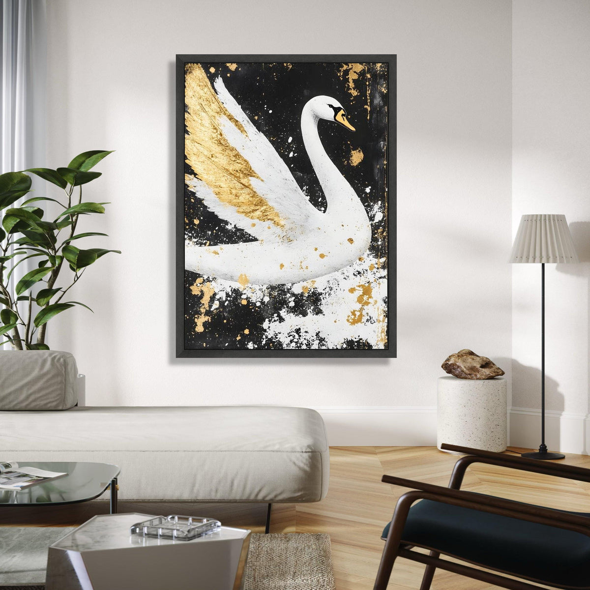 Elegant White Swan Canvas Wall Art, Gold Accents Painting, Modern Animal Decor, Black and White Canvas, Luxury Gift Art, Home Decor, Print