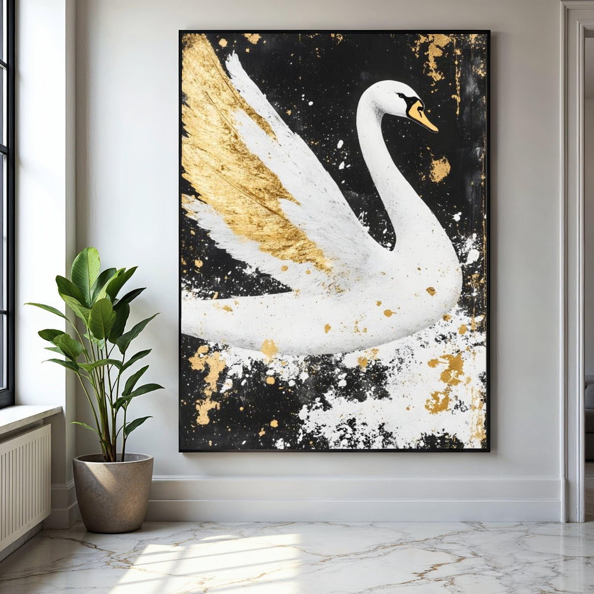 Elegant White Swan Canvas Wall Art, Gold Accents Painting, Modern Animal Decor, Black and White Canvas, Luxury Gift Art, Home Decor, Print