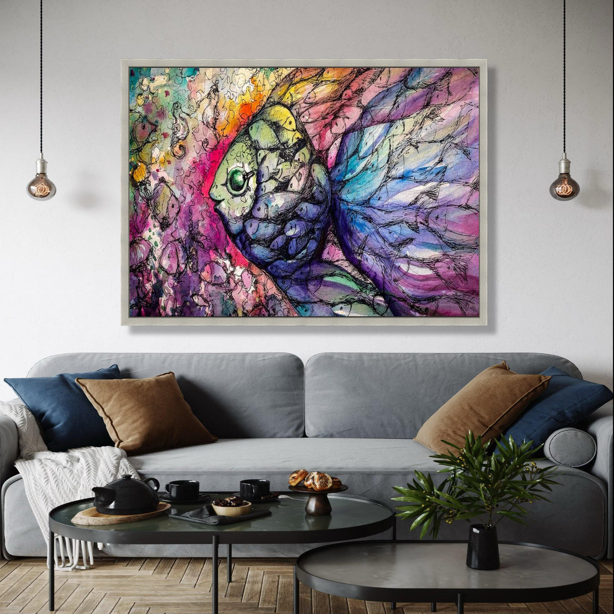 Colorful Abstract Fish Canvas Wall Art, Vibrant Underwater Scene, Artistic Marine Life Painting, Modern Home Gift Art, Home Decor, Print