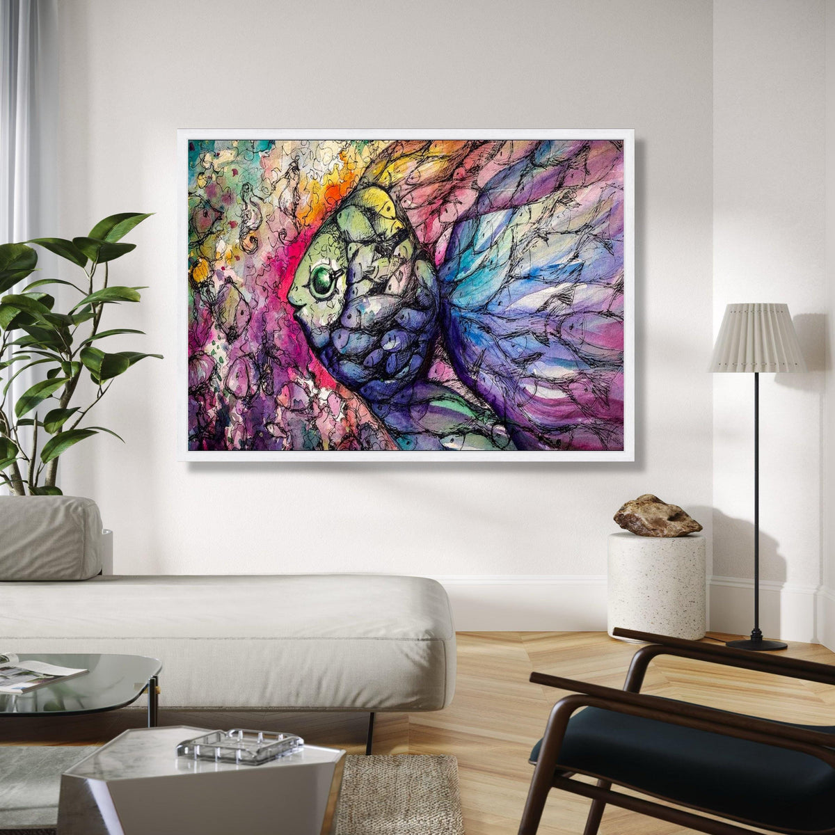 Colorful Abstract Fish Canvas Wall Art, Vibrant Underwater Scene, Artistic Marine Life Painting, Modern Home Gift Art, Home Decor, Print