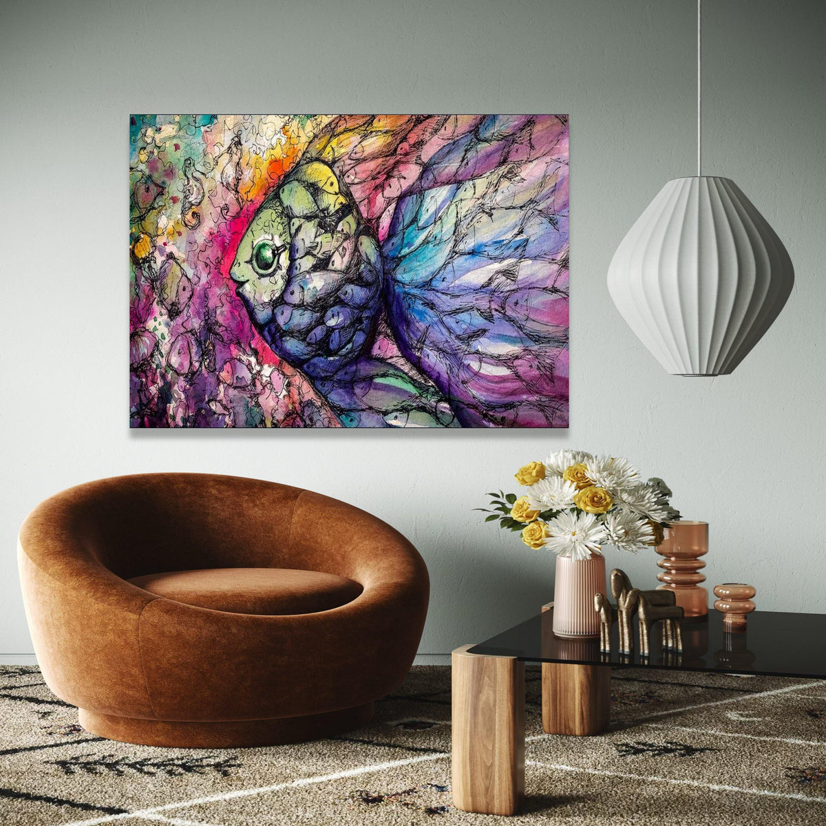 Colorful Abstract Fish Canvas Wall Art, Vibrant Underwater Scene, Artistic Marine Life Painting, Modern Home Gift Art, Home Decor, Print
