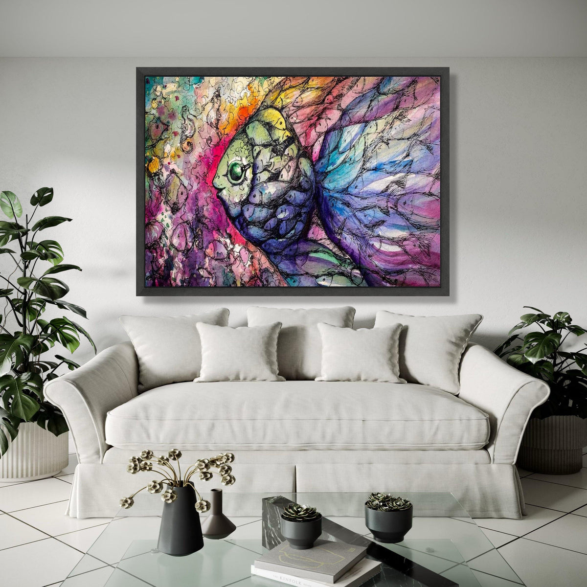 Colorful Abstract Fish Canvas Wall Art, Vibrant Underwater Scene, Artistic Marine Life Painting, Modern Home Gift Art, Home Decor, Print
