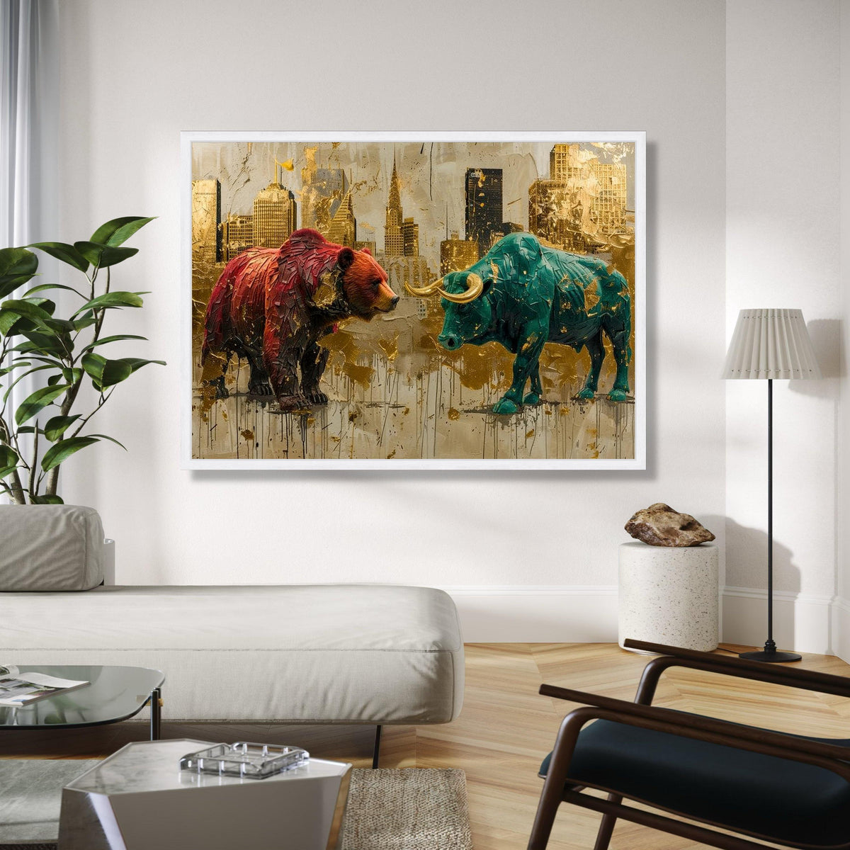 Bull vs Bear Canvas Wall Art, Financial Market Symbolism, Abstract Cityscape Painting, Modern Office Decor, Gift Art, Home Decor, Print