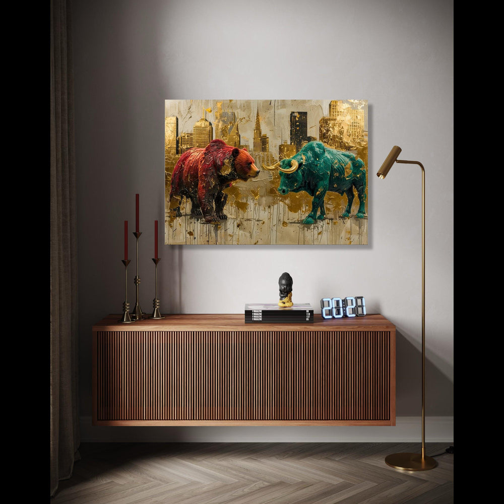 Bull vs Bear Canvas Wall Art, Financial Market Symbolism, Abstract Cityscape Painting, Modern Office Decor, Gift Art, Home Decor, Print
