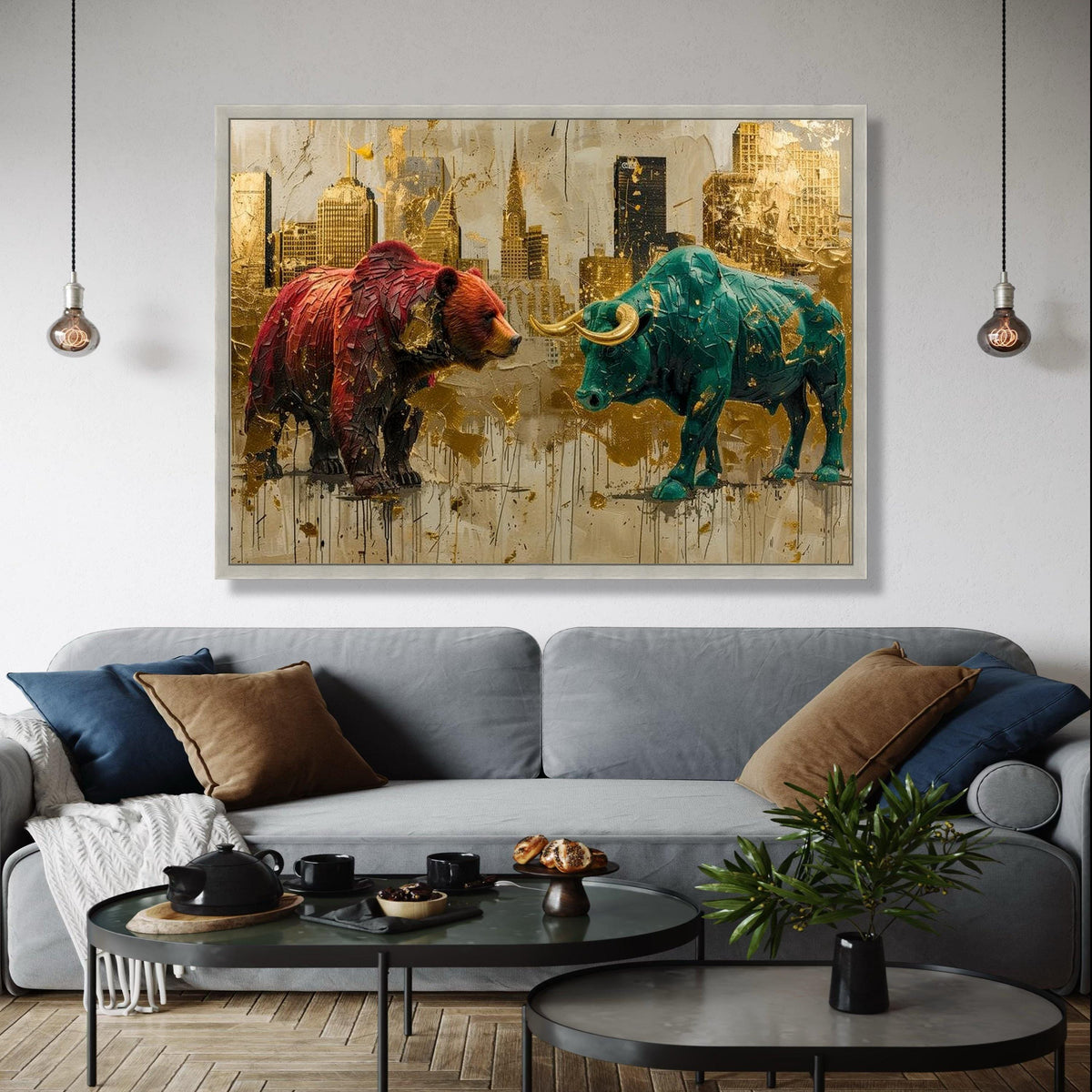 Bull vs Bear Canvas Wall Art, Financial Market Symbolism, Abstract Cityscape Painting, Modern Office Decor, Gift Art, Home Decor, Print