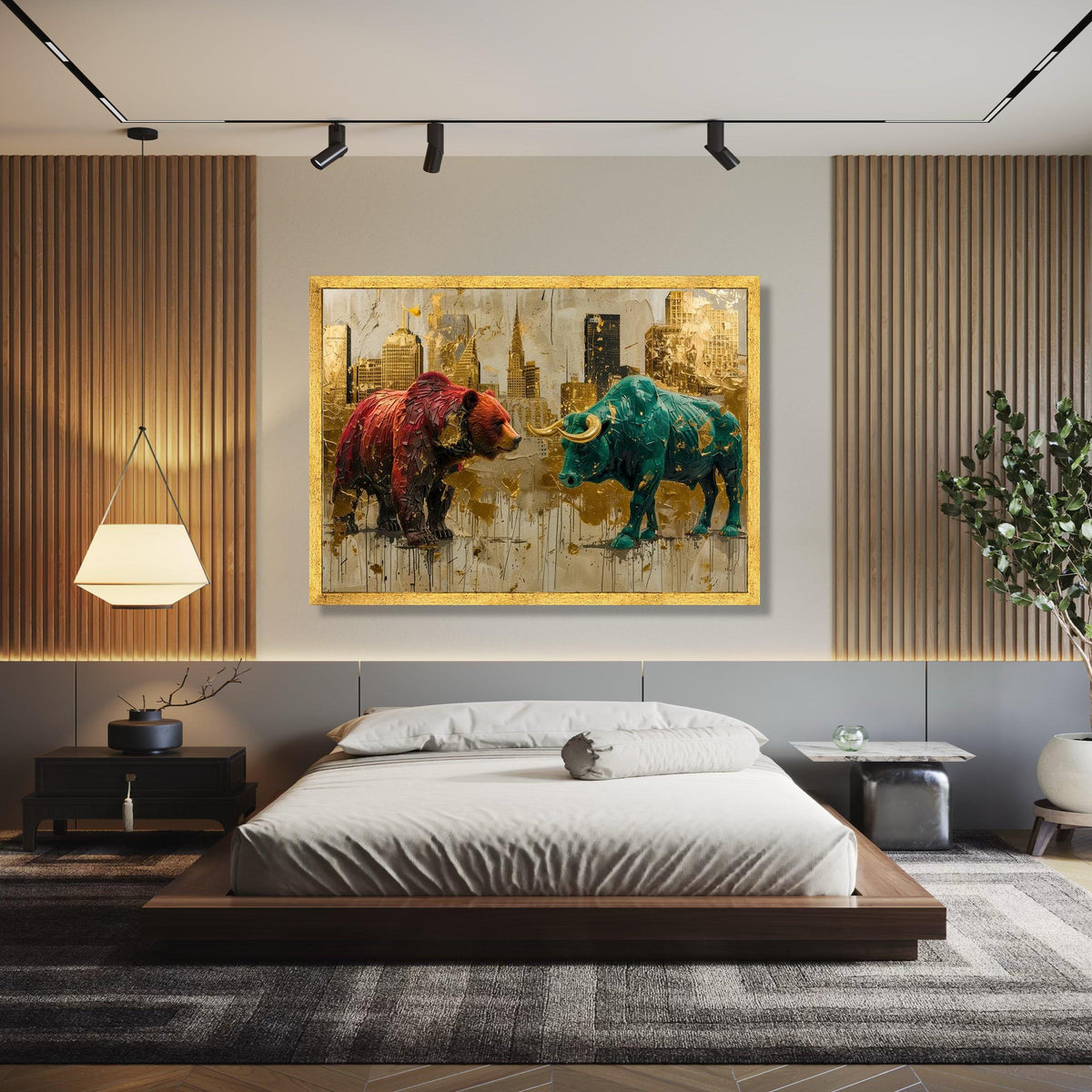 Bull vs Bear Canvas Wall Art, Financial Market Symbolism, Abstract Cityscape Painting, Modern Office Decor, Gift Art, Home Decor, Print