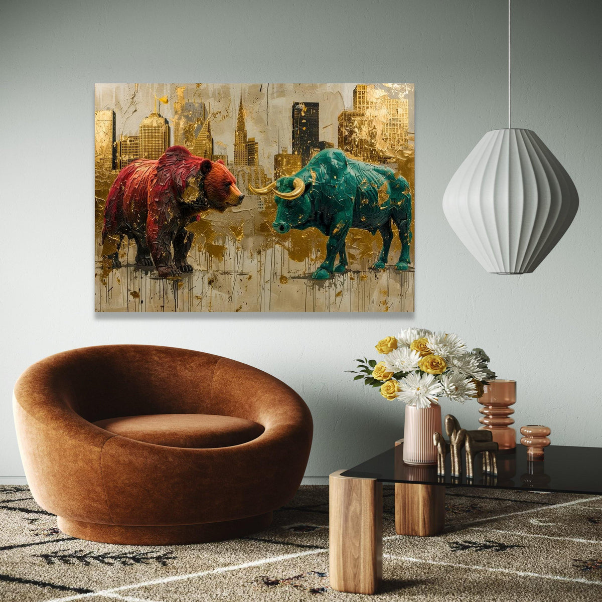 Bull vs Bear Canvas Wall Art, Financial Market Symbolism, Abstract Cityscape Painting, Modern Office Decor, Gift Art, Home Decor, Print