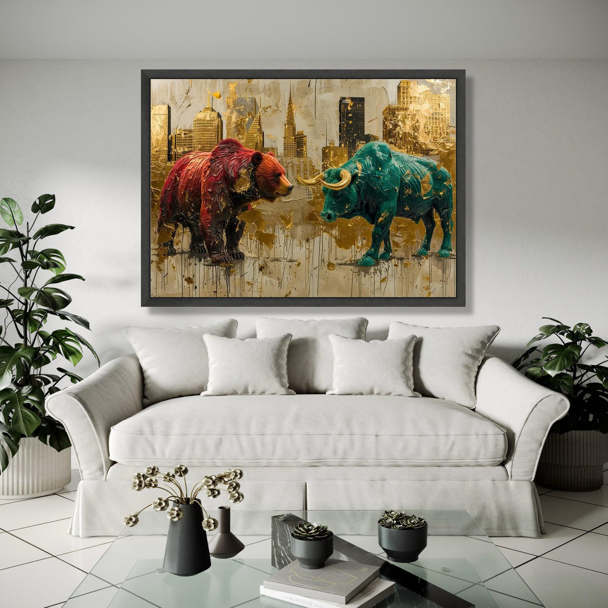 Bull vs Bear Canvas Wall Art, Financial Market Symbolism, Abstract Cityscape Painting, Modern Office Decor, Gift Art, Home Decor, Print