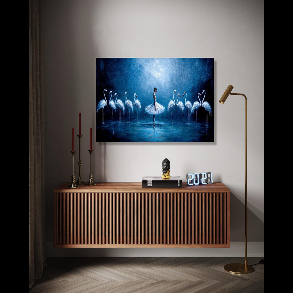 Elegant Ballerina with Flamingos Canvas, Blue Artistic Wall Art, Dance and Nature Scene, Modern Home Decor, Gift Art, Home Decor, Print