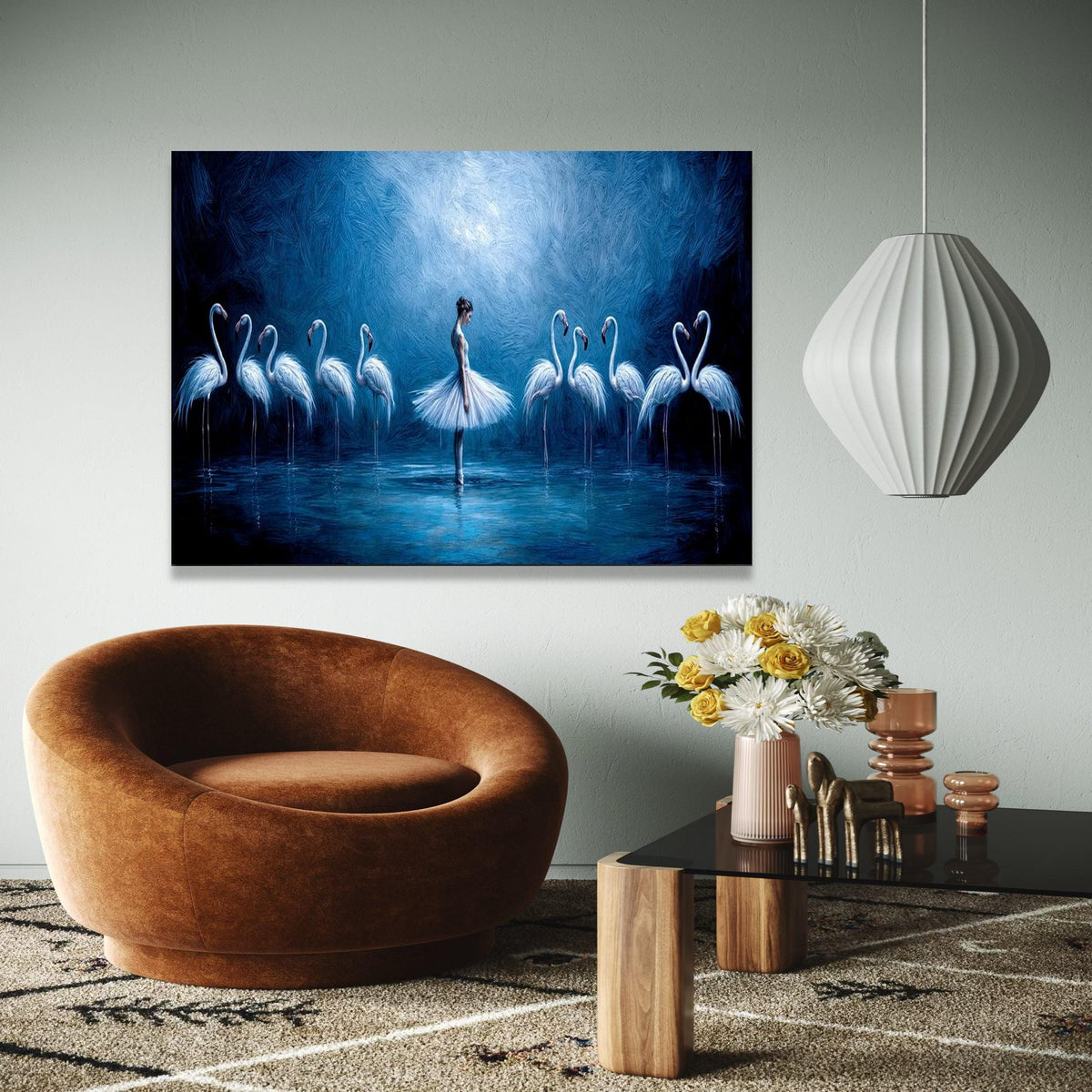 Elegant Ballerina with Flamingos Canvas, Blue Artistic Wall Art, Dance and Nature Scene, Modern Home Decor, Gift Art, Home Decor, Print