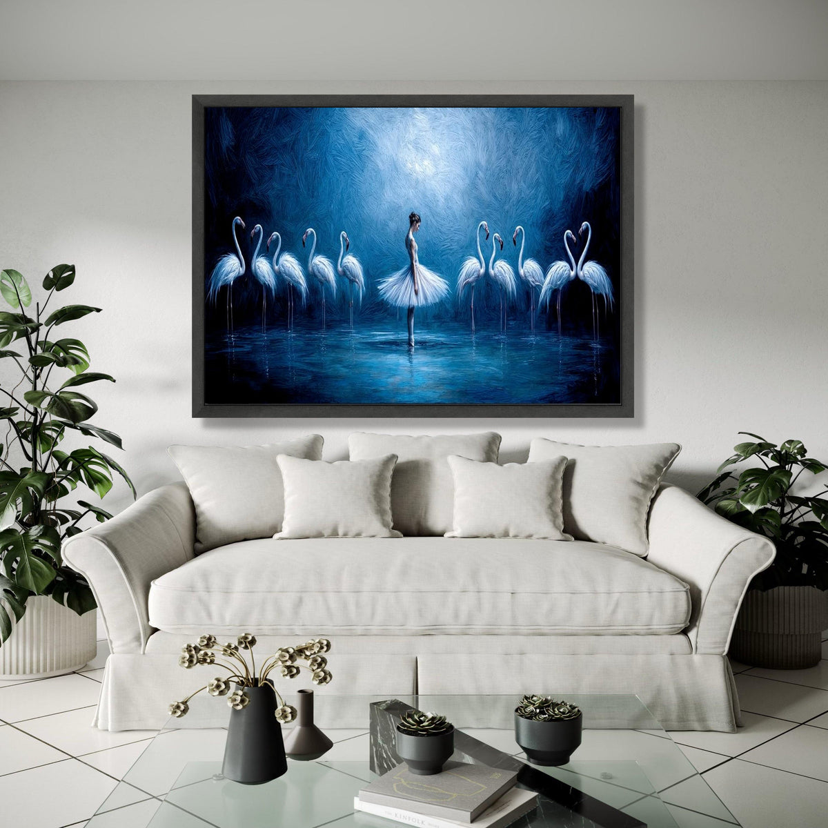 Elegant Ballerina with Flamingos Canvas, Blue Artistic Wall Art, Dance and Nature Scene, Modern Home Decor, Gift Art, Home Decor, Print
