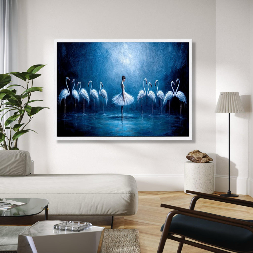 Elegant Ballerina with Flamingos Canvas, Blue Artistic Wall Art, Dance and Nature Scene, Modern Home Decor, Gift Art, Home Decor, Print