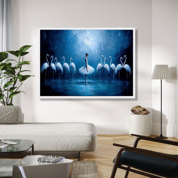 Elegant Ballerina with Flamingos Canvas, Blue Artistic Wall Art, Dance and Nature Scene, Modern Home Decor, Gift Art, Home Decor, Print