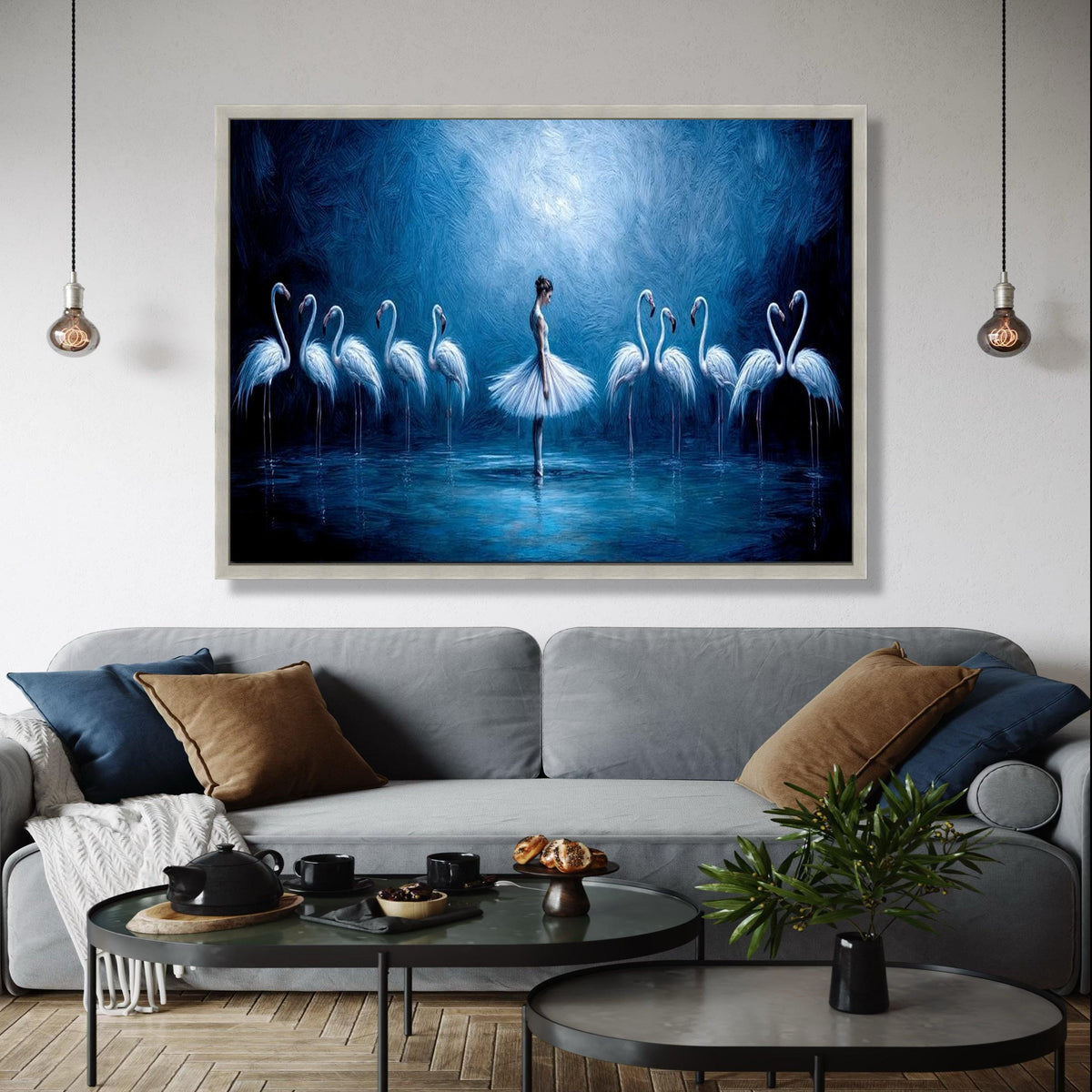 Elegant Ballerina with Flamingos Canvas, Blue Artistic Wall Art, Dance and Nature Scene, Modern Home Decor, Gift Art, Home Decor, Print