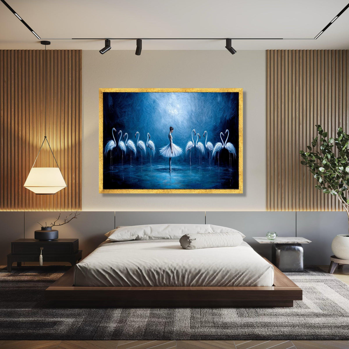 Elegant Ballerina with Flamingos Canvas, Blue Artistic Wall Art, Dance and Nature Scene, Modern Home Decor, Gift Art, Home Decor, Print