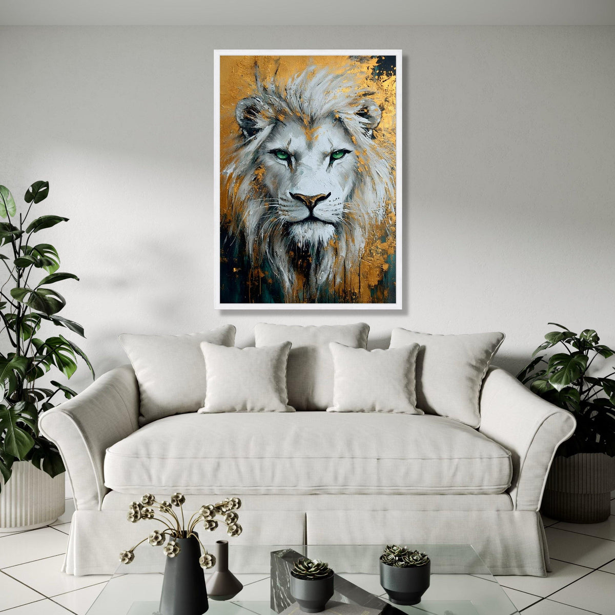 Majestic White Lion Canvas Wall Art, Green Eyes Wildlife Painting, Gold Accent Animal Portrait, Modern Home Gift Art, Home Decor, Print