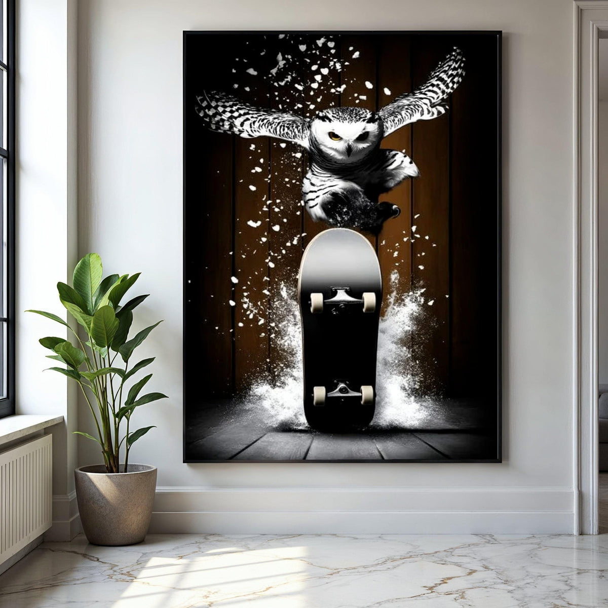 Dynamic Owl Skateboard Canvas Wall Art, Urban Sports Animal Print, Action Skateboarder Decor, Modern Wildlife Gift Art, Home Decor, Print
