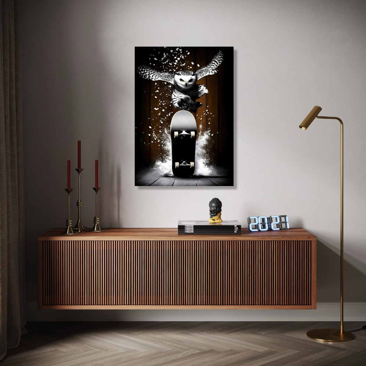Dynamic Owl Skateboard Canvas Wall Art, Urban Sports Animal Print, Action Skateboarder Decor, Modern Wildlife Gift Art, Home Decor, Print