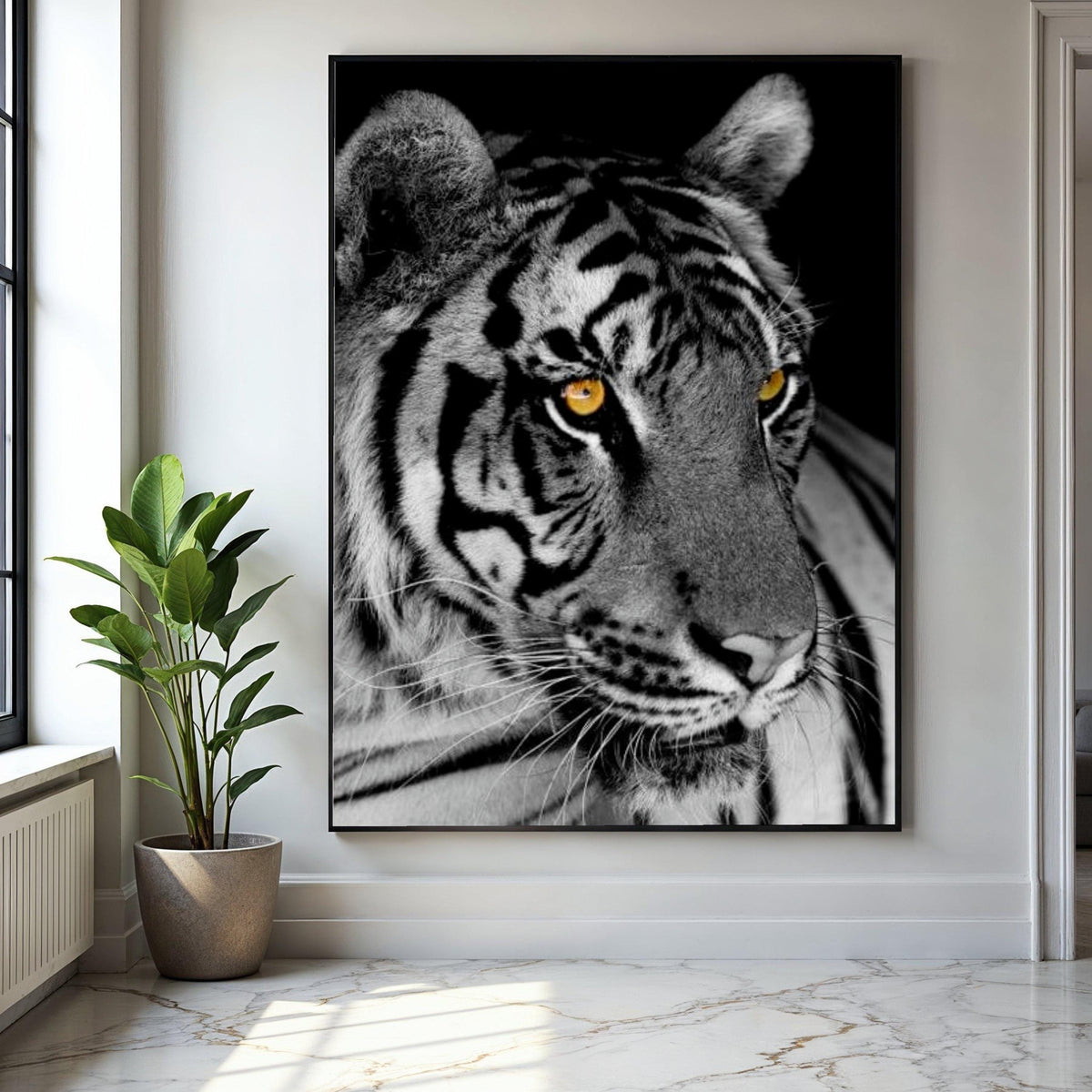 Majestic Tiger Close-Up Canvas, Black and White Animal Wall Art, Wildlife Canvas Print, Fierce Cat Face Gift Art, Home Decor, Print