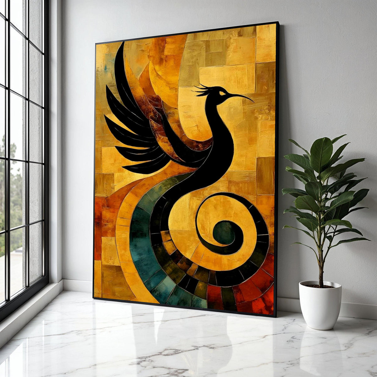 Abstract Phoenix Bird Canvas Art, Modern Wall Decor, Black Silhouette on Warm Earth Tones, Artistic Home Gift Art, Home Decor, Print