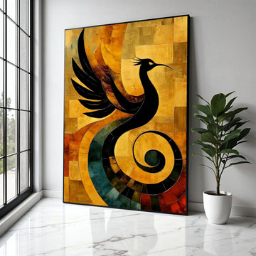 Abstract Phoenix Bird Canvas Art, Modern Wall Decor, Black Silhouette on Warm Earth Tones, Artistic Home Gift Art, Home Decor, Print