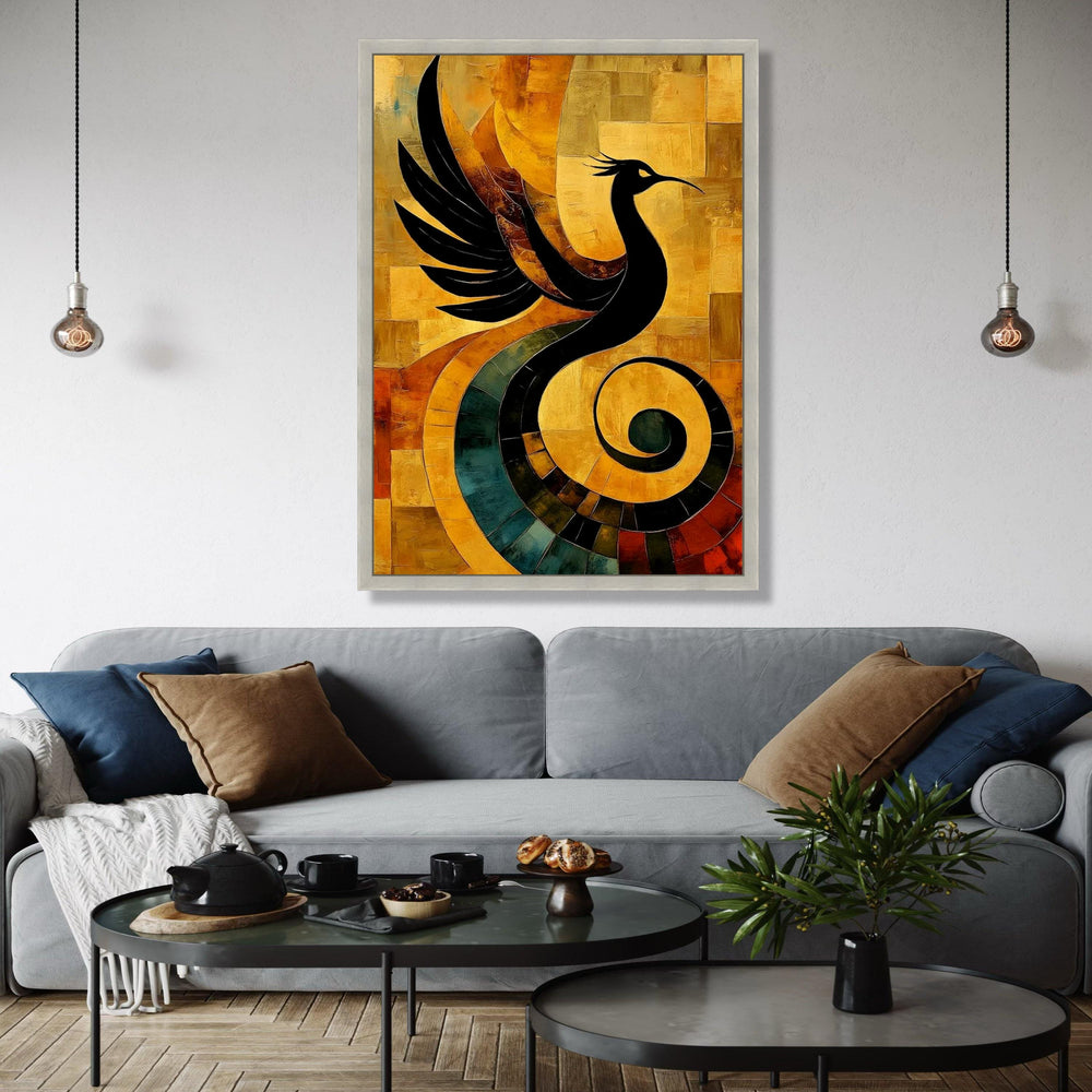 Abstract Phoenix Bird Canvas Art, Modern Wall Decor, Black Silhouette on Warm Earth Tones, Artistic Home Gift Art, Home Decor, Print
