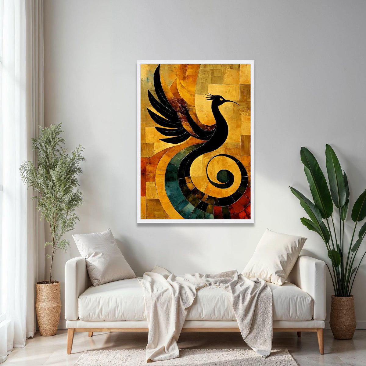 Abstract Phoenix Bird Canvas Art, Modern Wall Decor, Black Silhouette on Warm Earth Tones, Artistic Home Gift Art, Home Decor, Print