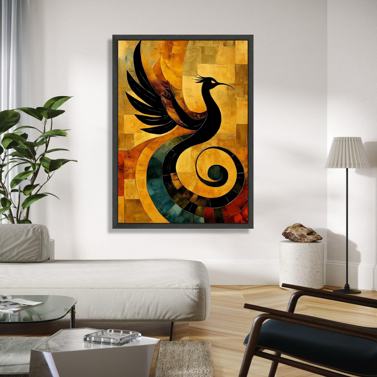 Abstract Phoenix Bird Canvas Art, Modern Wall Decor, Black Silhouette on Warm Earth Tones, Artistic Home Gift Art, Home Decor, Print