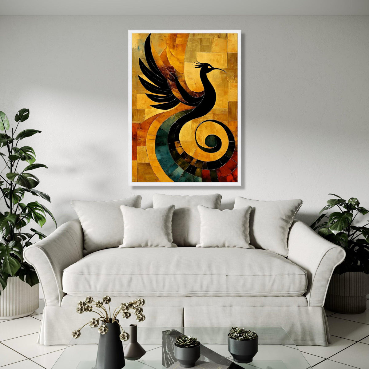 Abstract Phoenix Bird Canvas Art, Modern Wall Decor, Black Silhouette on Warm Earth Tones, Artistic Home Gift Art, Home Decor, Print