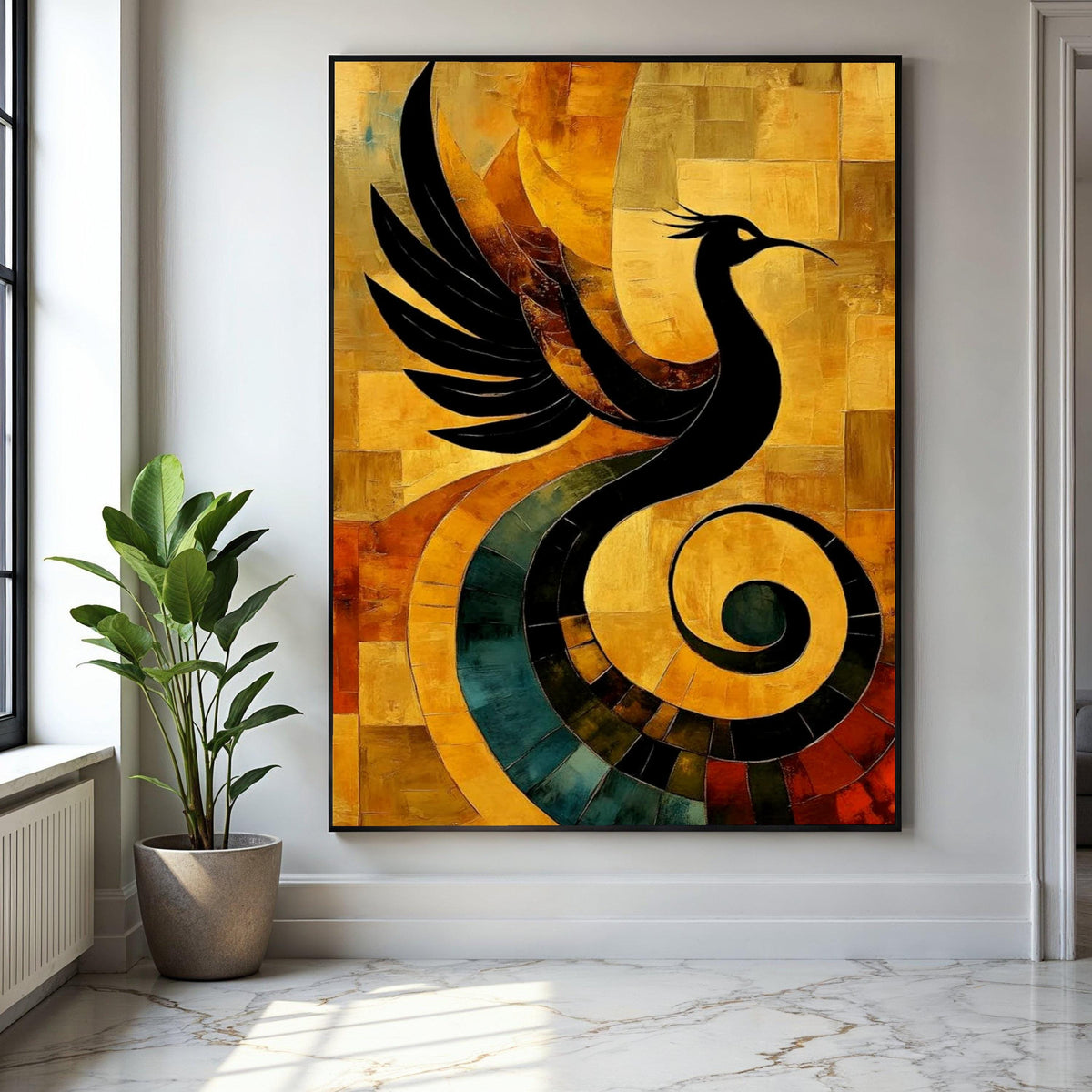 Abstract Phoenix Bird Canvas Art, Modern Wall Decor, Black Silhouette on Warm Earth Tones, Artistic Home Gift Art, Home Decor, Print