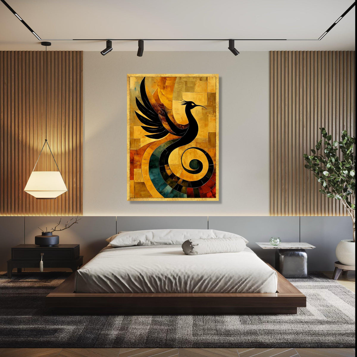 Abstract Phoenix Bird Canvas Art, Modern Wall Decor, Black Silhouette on Warm Earth Tones, Artistic Home Gift Art, Home Decor, Print