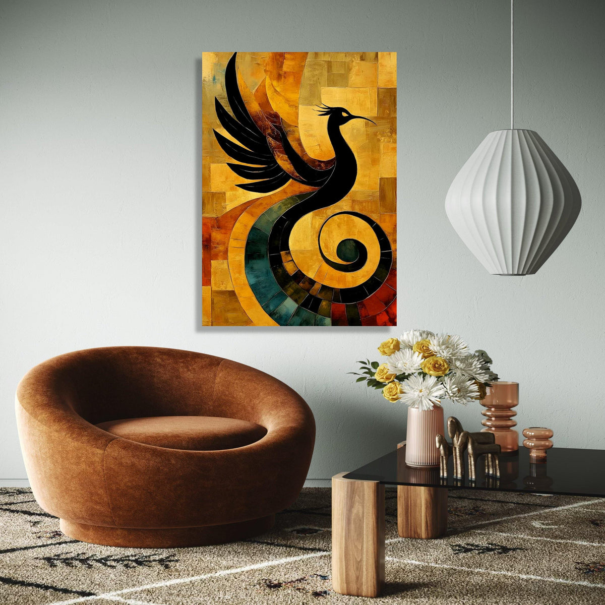 Abstract Phoenix Bird Canvas Art, Modern Wall Decor, Black Silhouette on Warm Earth Tones, Artistic Home Gift Art, Home Decor, Print