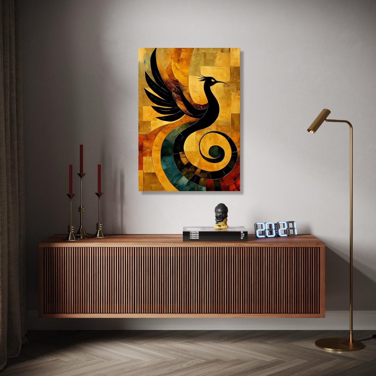 Abstract Phoenix Bird Canvas Art, Modern Wall Decor, Black Silhouette on Warm Earth Tones, Artistic Home Gift Art, Home Decor, Print
