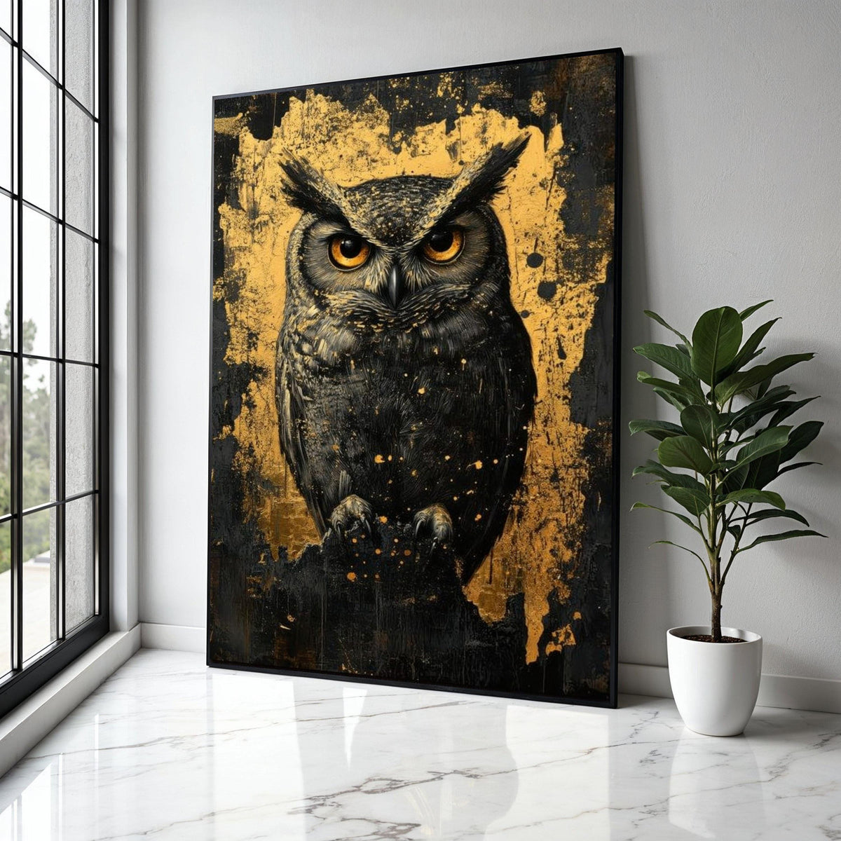 Majestic Owl Canvas Wall Art, Gold and Black Abstract Background, Wildlife Animal Portrait, Modern Rustic Home Gift Art, Home Decor, Print