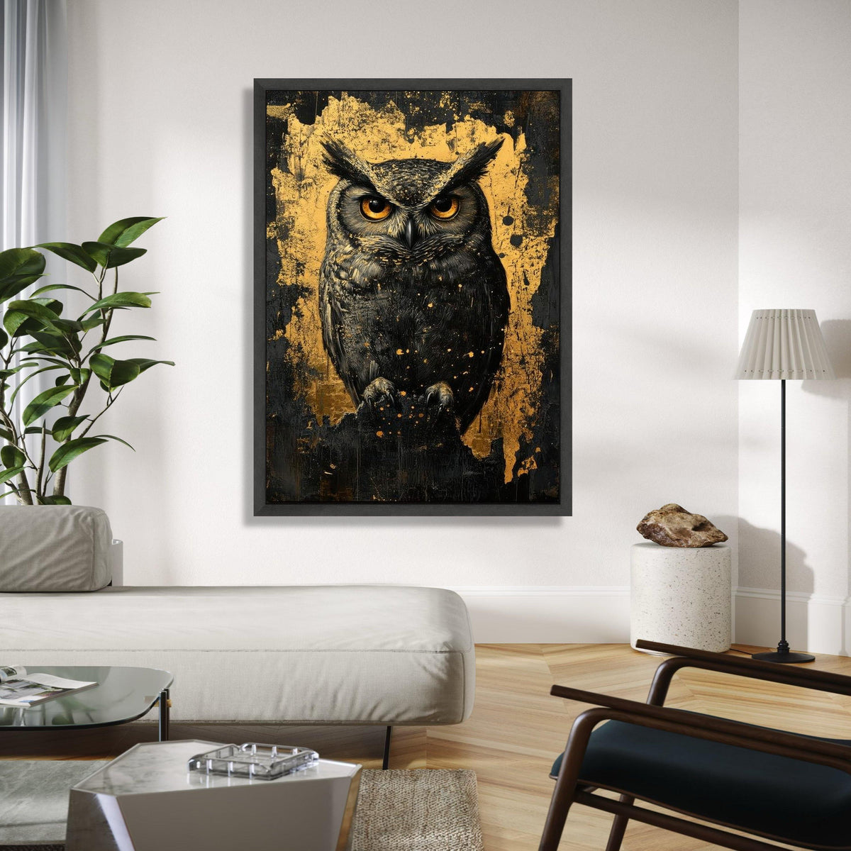 Majestic Owl Canvas Wall Art, Gold and Black Abstract Background, Wildlife Animal Portrait, Modern Rustic Home Gift Art, Home Decor, Print