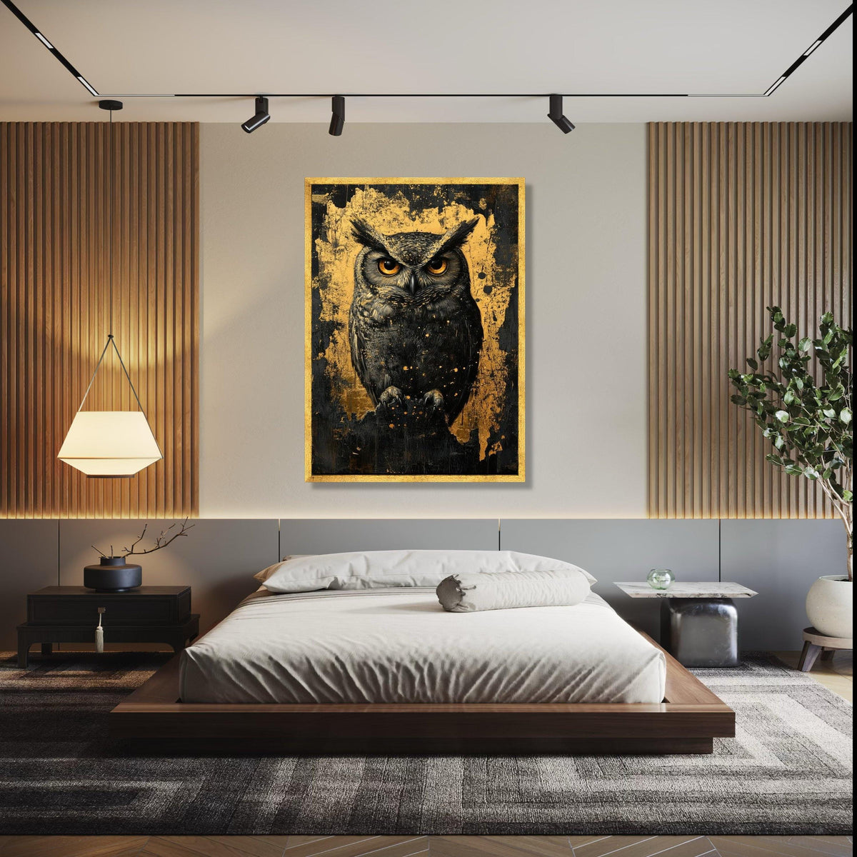 Majestic Owl Canvas Wall Art, Gold and Black Abstract Background, Wildlife Animal Portrait, Modern Rustic Home Gift Art, Home Decor, Print